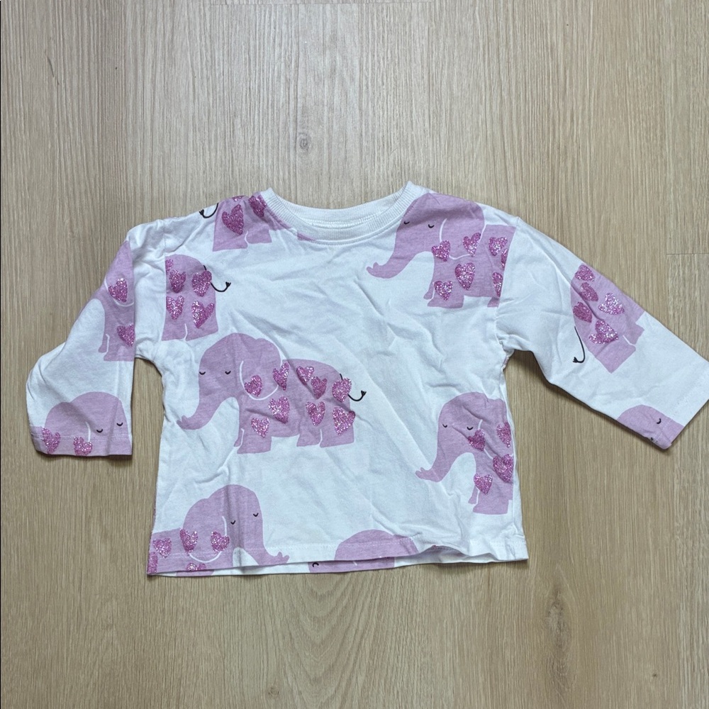 Zara Girl’s 9-12m Long Sleeve Elephant Tee - Pink & White